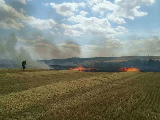 Foto: Oheň zachvátil polia pri obci Prašník a ohrozoval aj cestu, ktorú museli dočasne uzavrieť