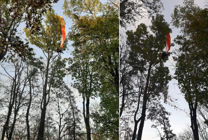 Video+foto: Paraglajdistovi uviaznutému na strome pod Slepým vrchom pomáhali hasiči aj vrtuľník
