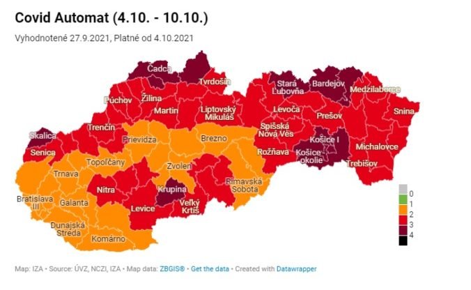 Na Slovensku pribudnú bordové okresy, oranžové ubudli a červených bude 39