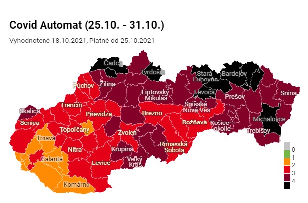 Na Slovensku od pondelka pribudnú čierne aj bordové okresy, ubudlo oranžových a červených je 27