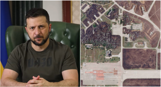 Poškodenie leteckej základne na Kryme ukazujú satelitné zábery, Zelenskyj je odhodlaný získať polostrov späť (video+foto)