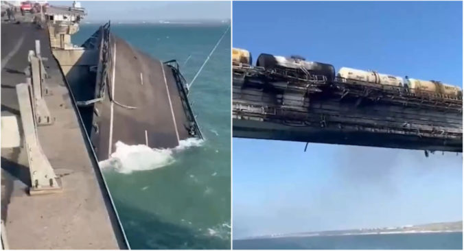 Kľúčový most spájajúci Rusko s Krymom pohltil veľký požiar, museli zastaviť dopravu (video)