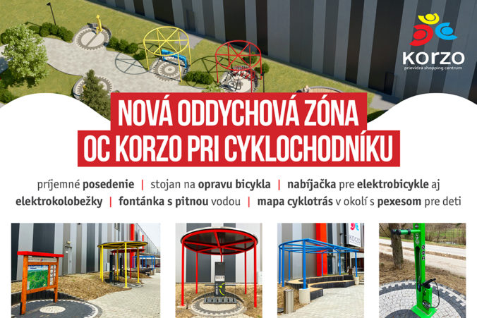 V novej oddychovej zóne medzi OC Korzo a cyklochodníkom si môžete príjemne posedieť aj opraviť bicykel