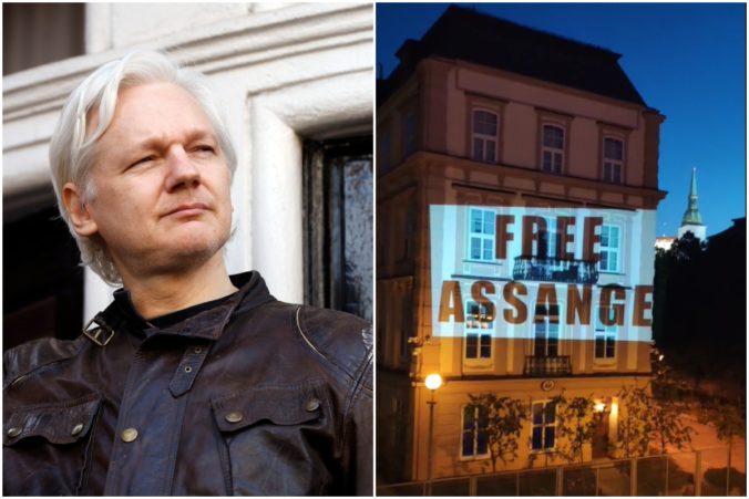 Free Assange, svietilo na americkej ambasáde v Bratislave a zverejniť pravdu o zločinoch nie je zločin (video)