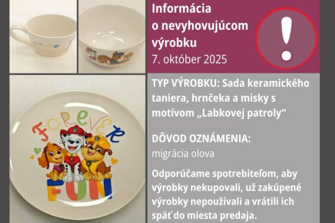 Sada keramického riadu s motívom Labkovej patroly má problém s migráciou olova, varujú hygienici